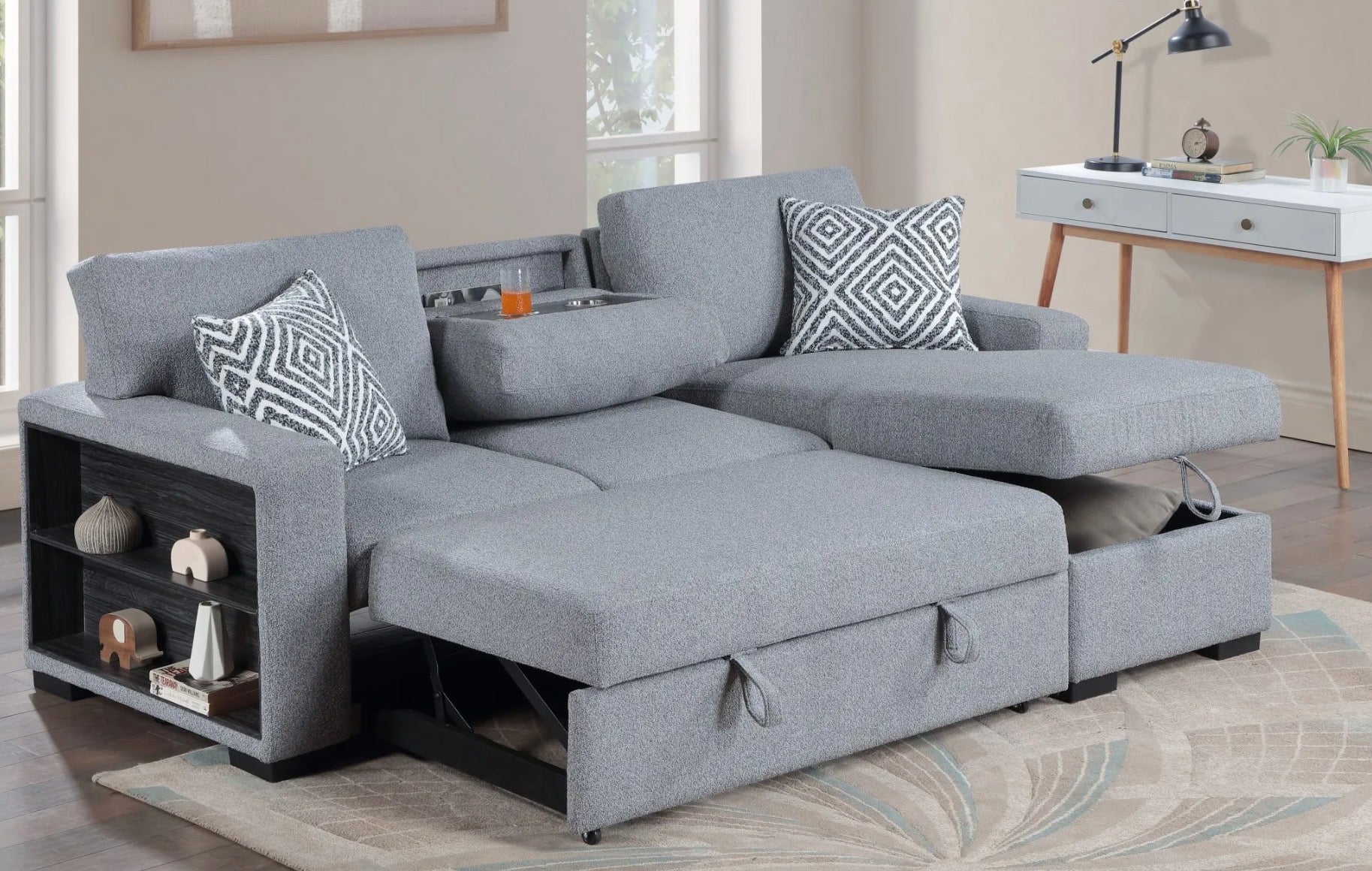 Reversible pop up sleeper W storage chaise & drop down console