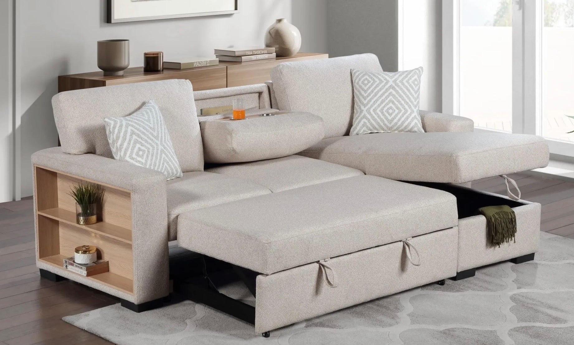 Reversible pop up sleeper W storage chaise & drop down console