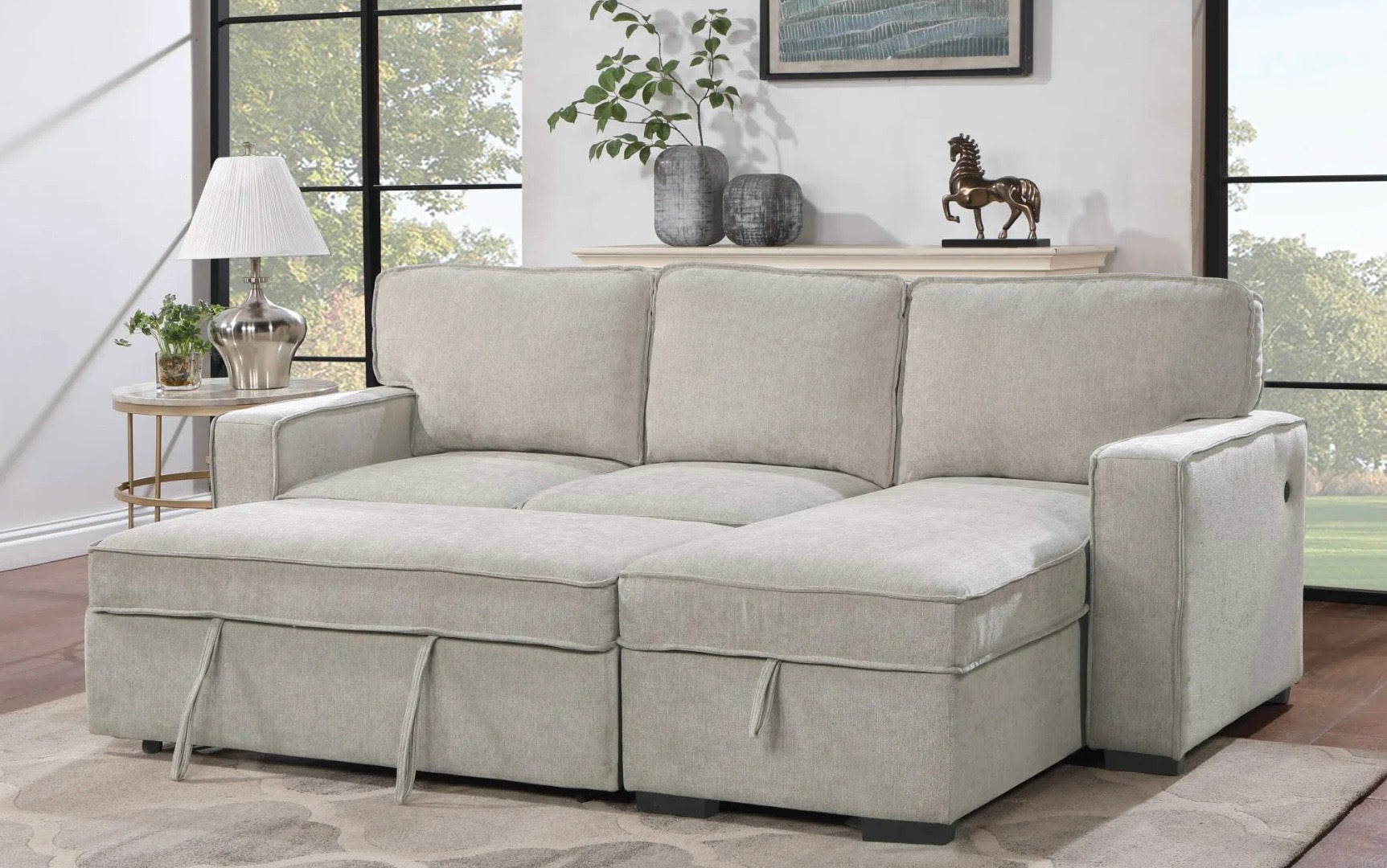 Reversible pop up sleeper W storage chaise & drop down console