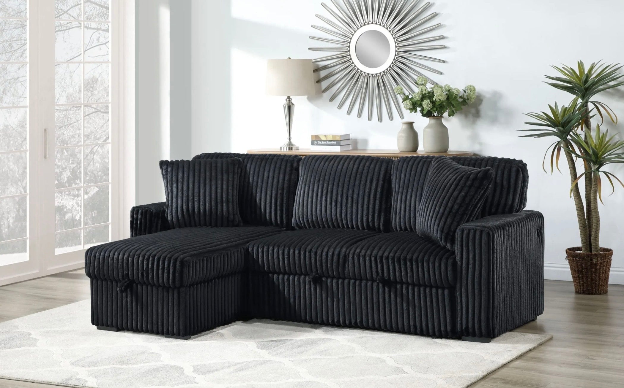 Reversible pop up sleeper W storage chaise & drop down console