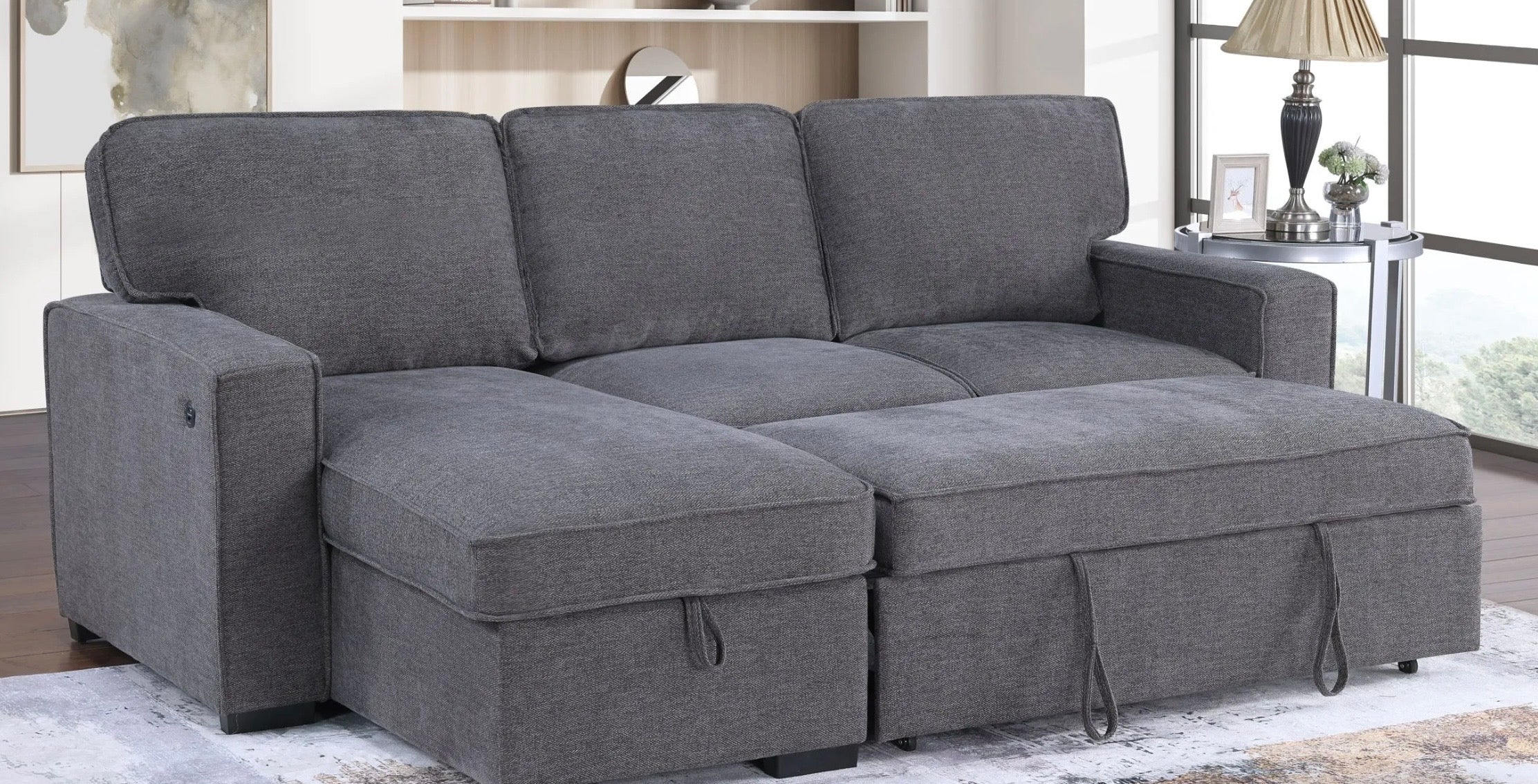 Reversible pop up sleeper W storage chaise & drop down console