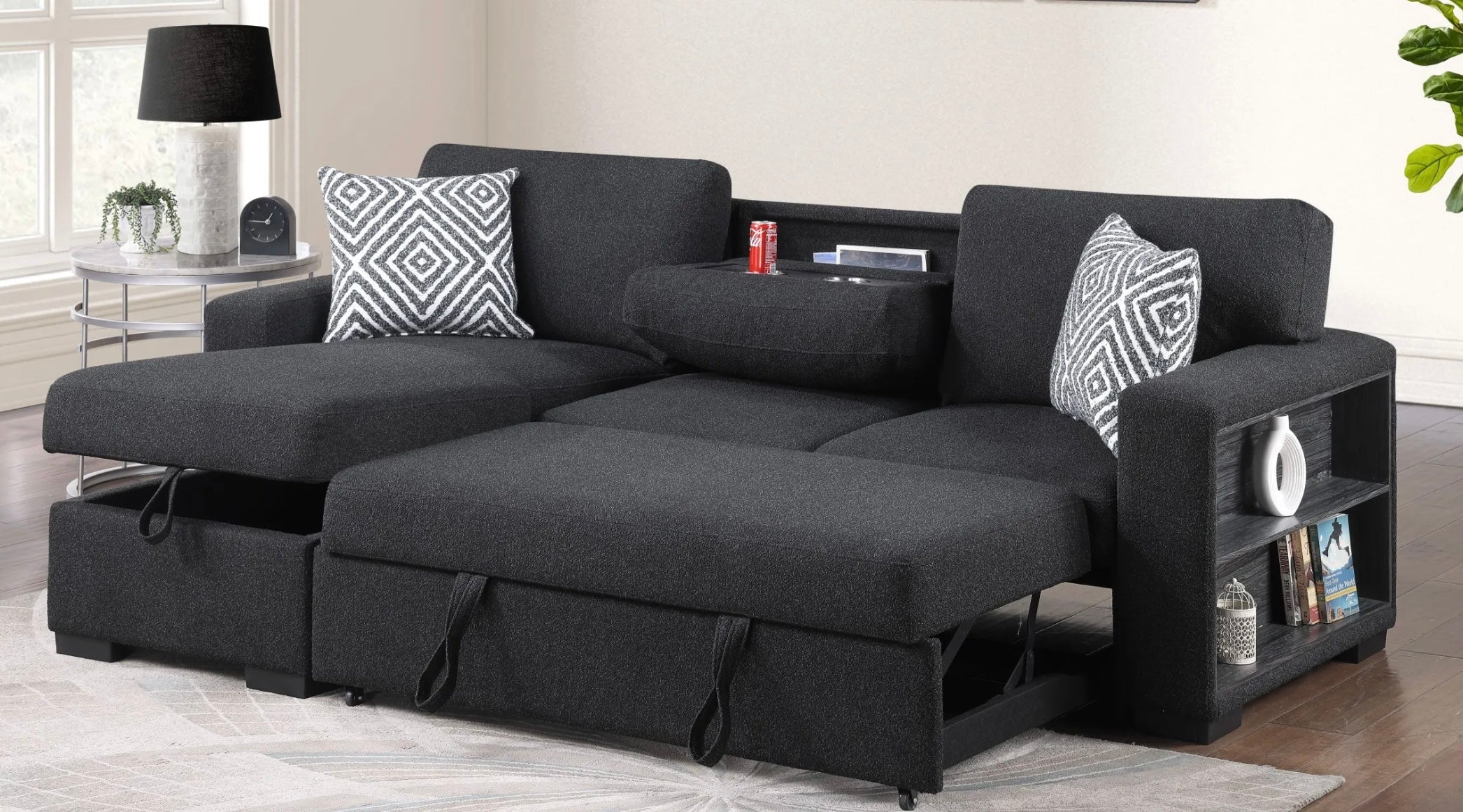 Reversible pop up sleeper W storage chaise & drop down console