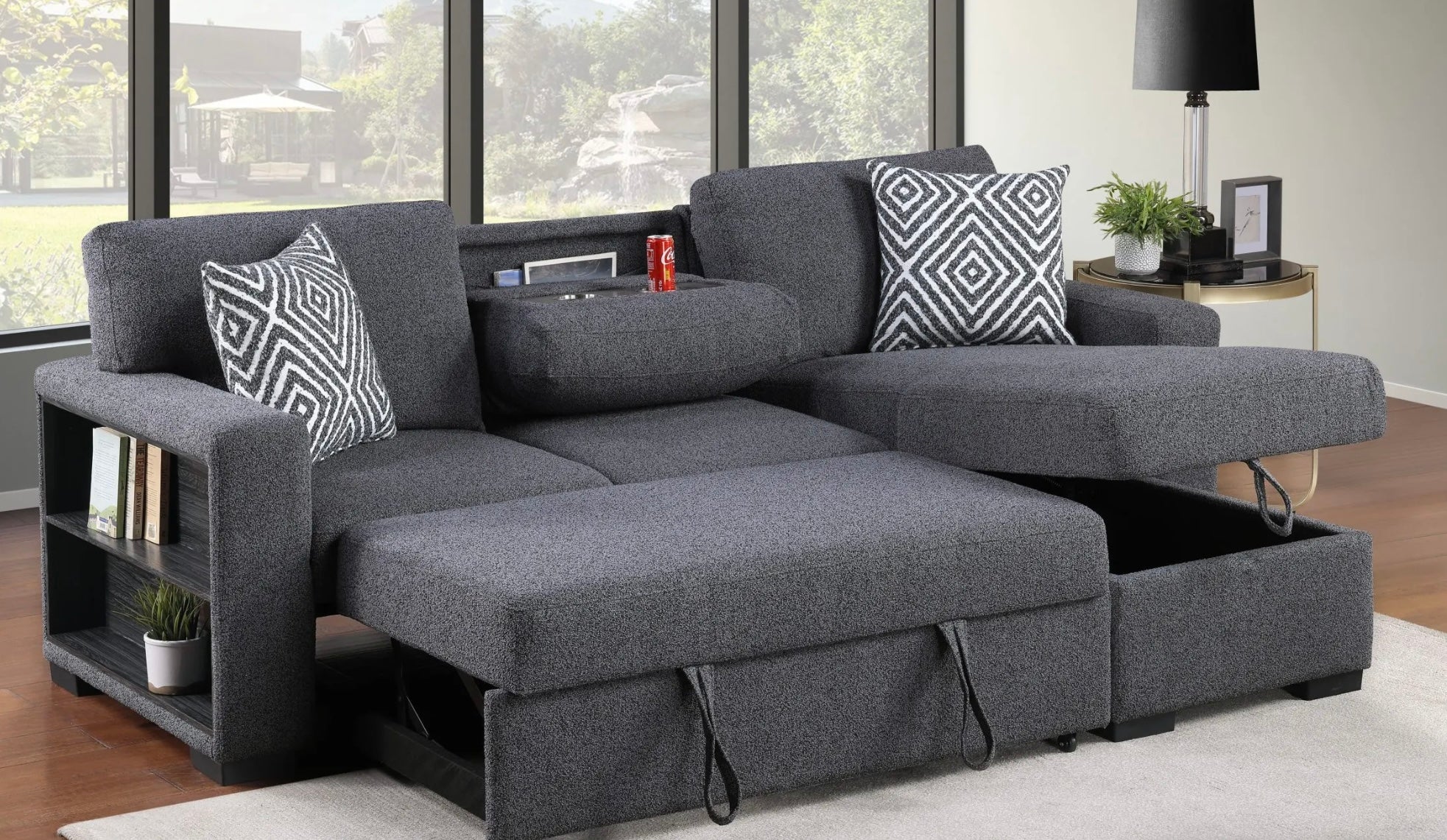 Reversible pop up sleeper W storage chaise & drop down console