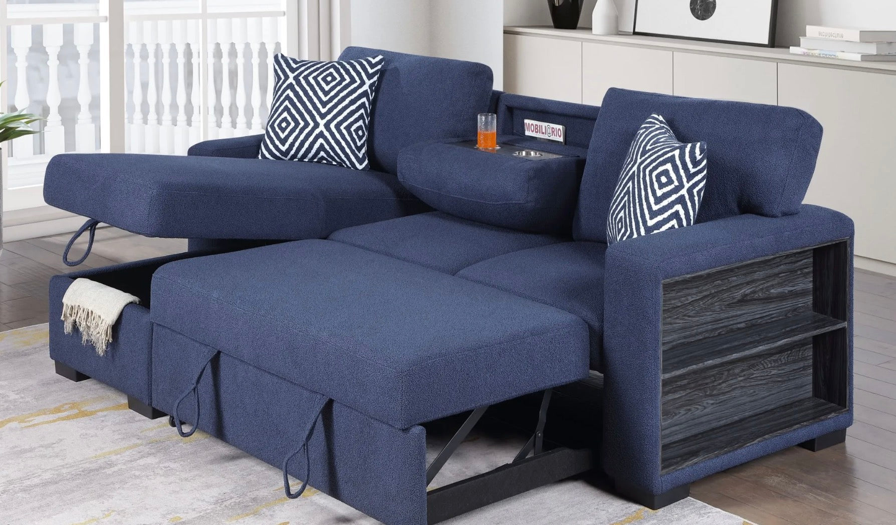 Reversible pop up sleeper W storage chaise & drop down console